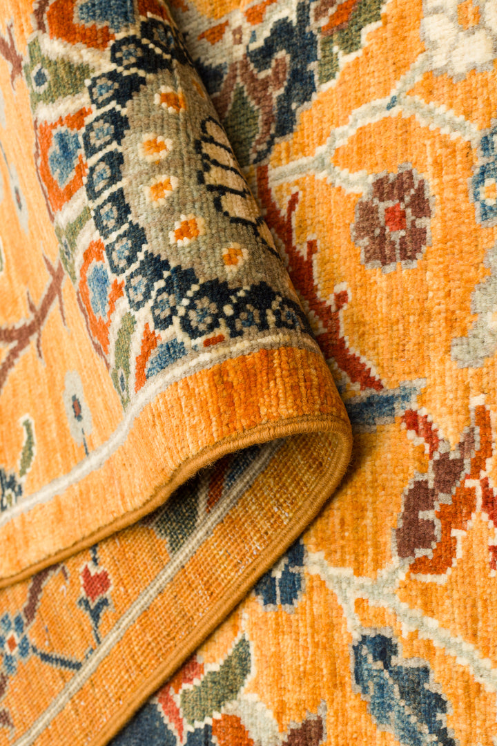 El dokuma Afgan halı amber vazo ve i̇ri yaprak 246x296 cm rulolu doku detayı