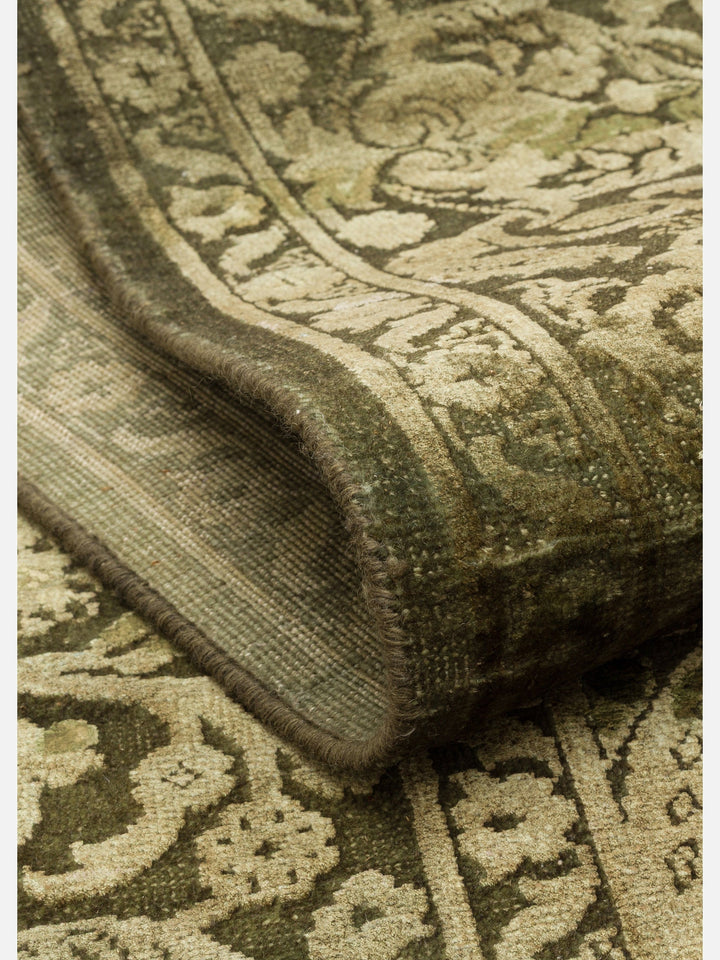 El dokuma Hindistan Jaipur halı Yanık Zeytin 196x297 cm kıvrılmış katlı detay