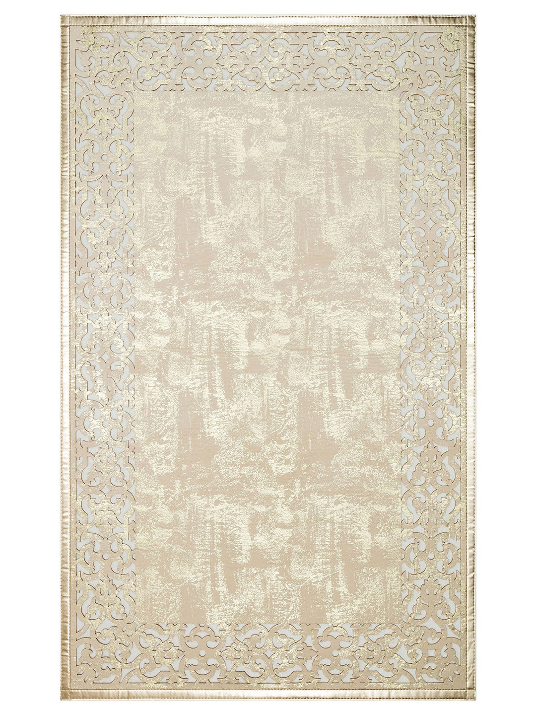 Gravür Klasik Ve Modern İşleme ve Oymaya Sahip Parlak Bordürlü Suni Deri Halı 01 CREAM GOLD - Carpetdocia