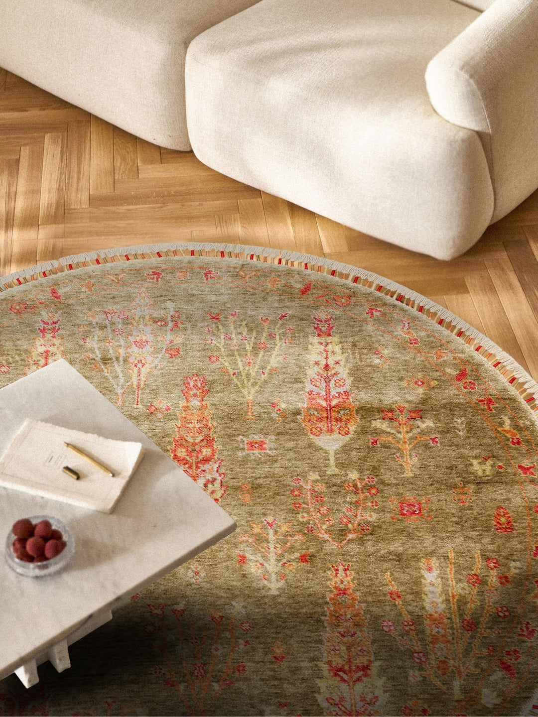 Oushak Carnaval %100 Naturel Kolay Temizlenir El Emeğiyle Üretilen Yuvarlak Uşak Halısı 08 GREEN Q - Carpetdocia