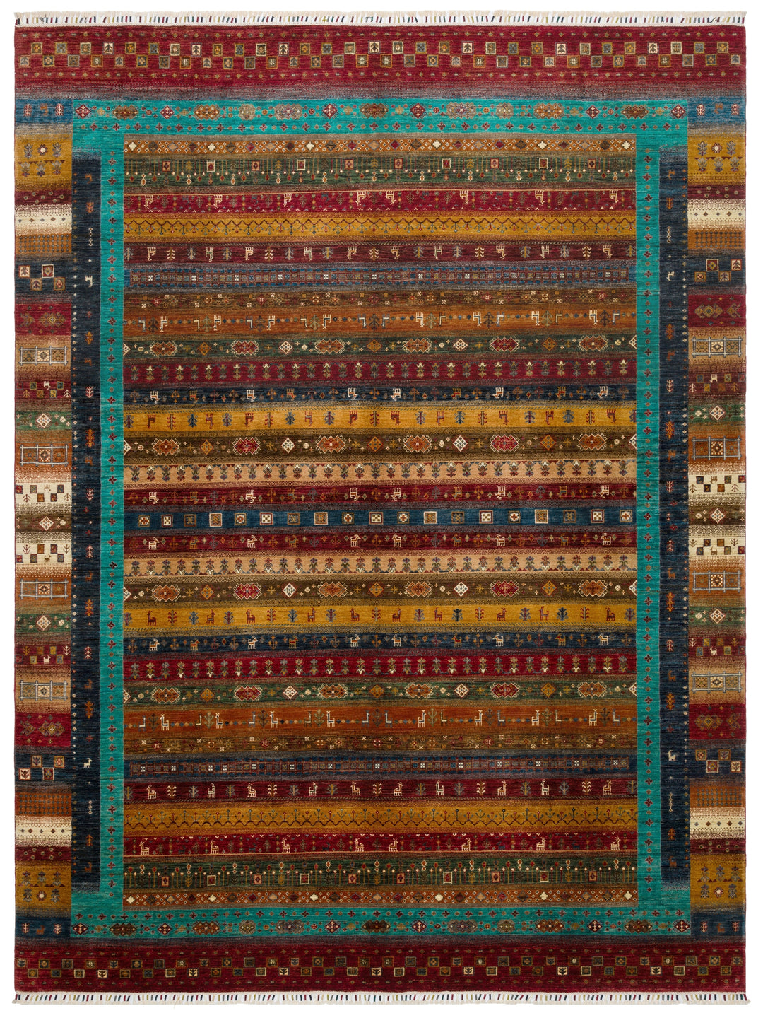 El dokuma Afgan halı çok renkli khorjin çizgili kuşbakışı 277x368 cm