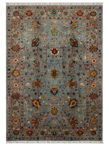 El dokuma Afgan halı gri mavi bitkisel desen 179 x 224 cm kuşbakışı