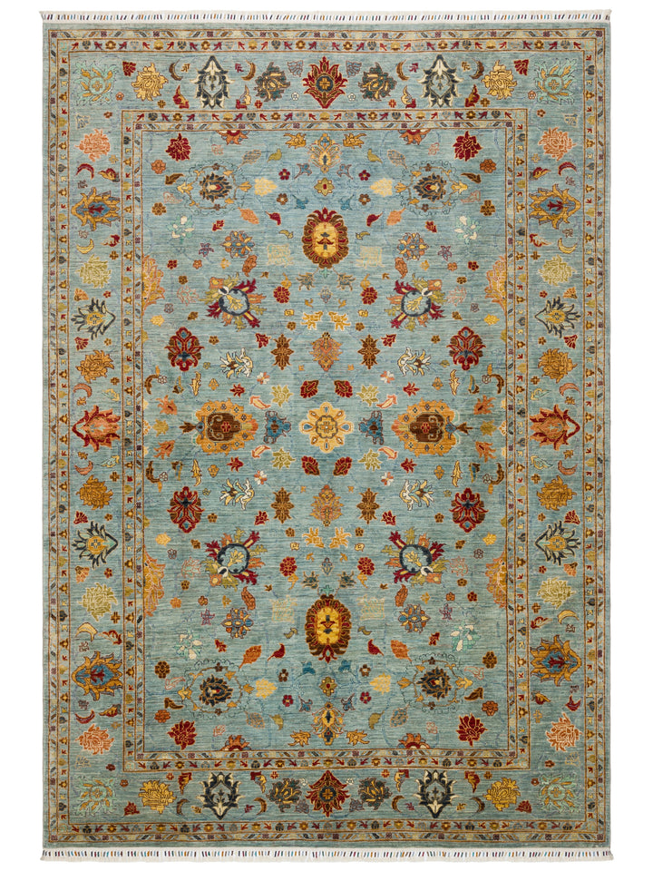 El dokuma Afgan halı açık petrol mavisi Şah Abbas palmet rozet kuşbakışı 245x351 cm
