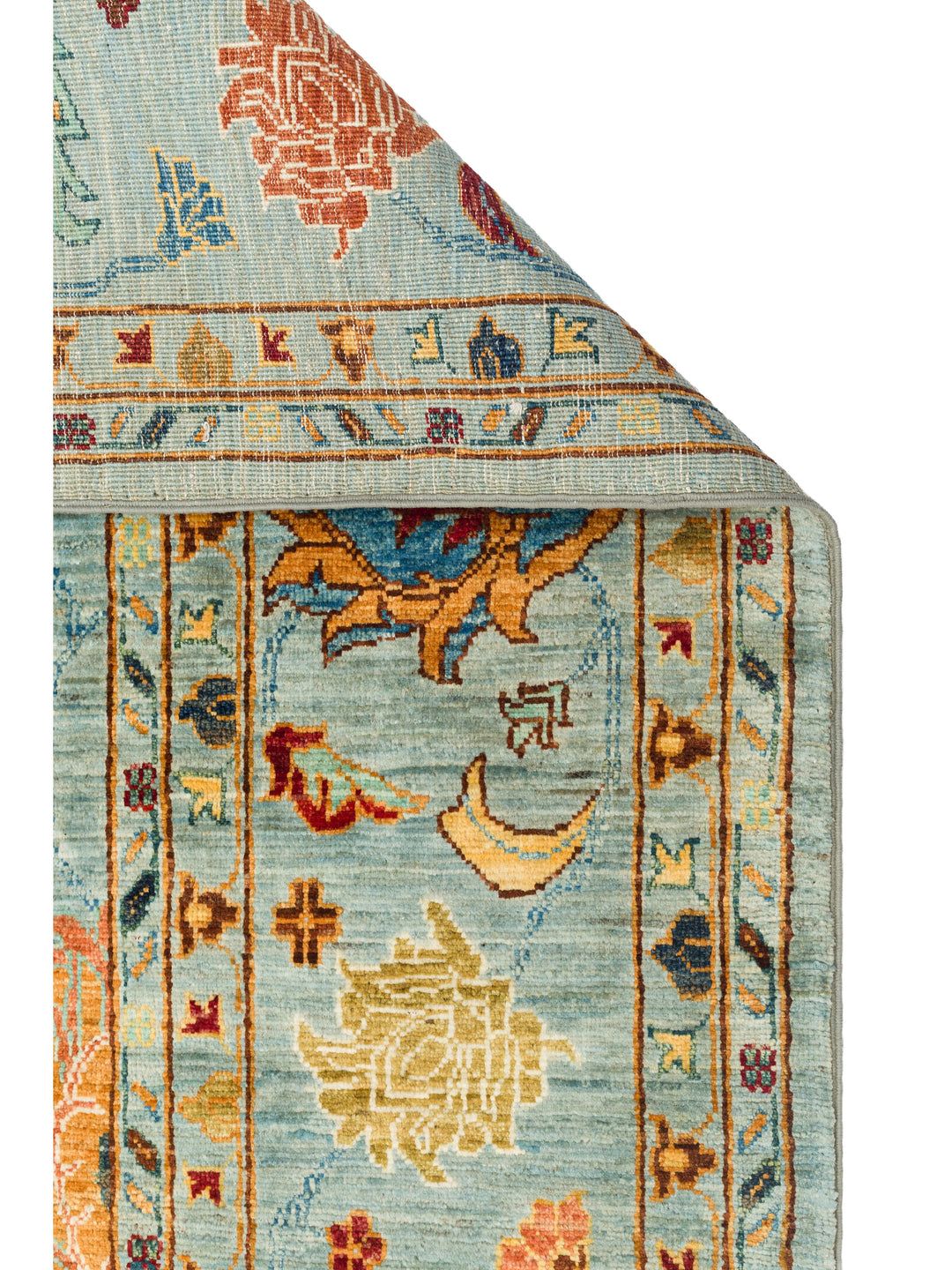 El dokuma Afgan halı açık petrol mavisi detay 245x351 cm