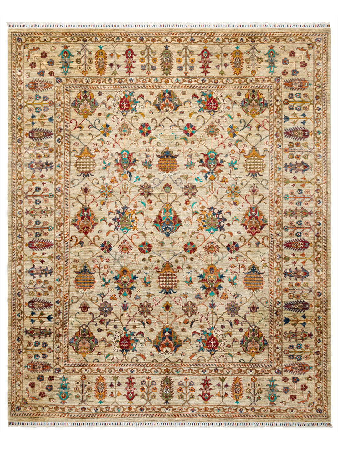 El dokuma Afgan halı krem Şah Abbas palmet rozet kuşbakışı 250x305 cm