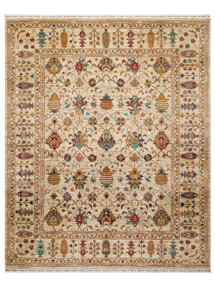 El dokuma Afgan halı krem Şah Abbas palmet rozet kuşbakışı 250x305 cm