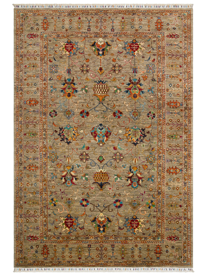 El dokuma Afgan halı taba Şah Abbas palmet rozet kuşbakışı 199x285 cm