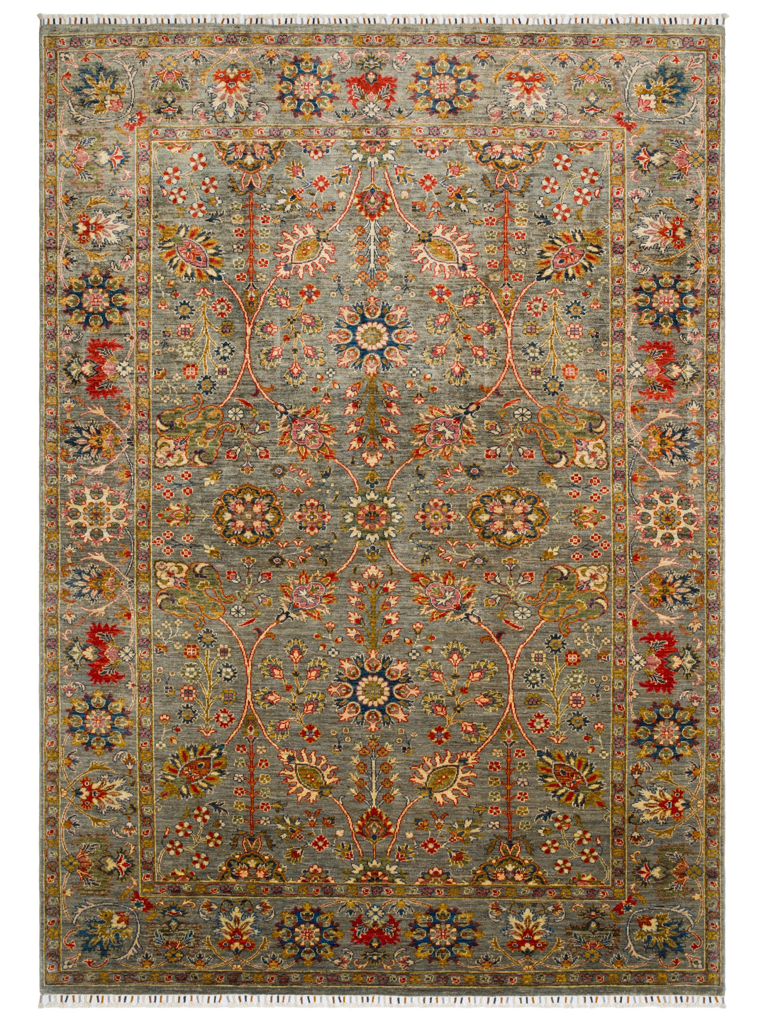 El dokuma Afgan halı zeytin yeşili Şah Abbas palmet rozet kuşbakışı 201x284 cm