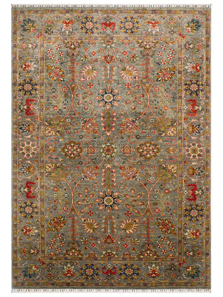 El dokuma Afgan halı zeytin yeşili Şah Abbas palmet rozet kuşbakışı 201x284 cm