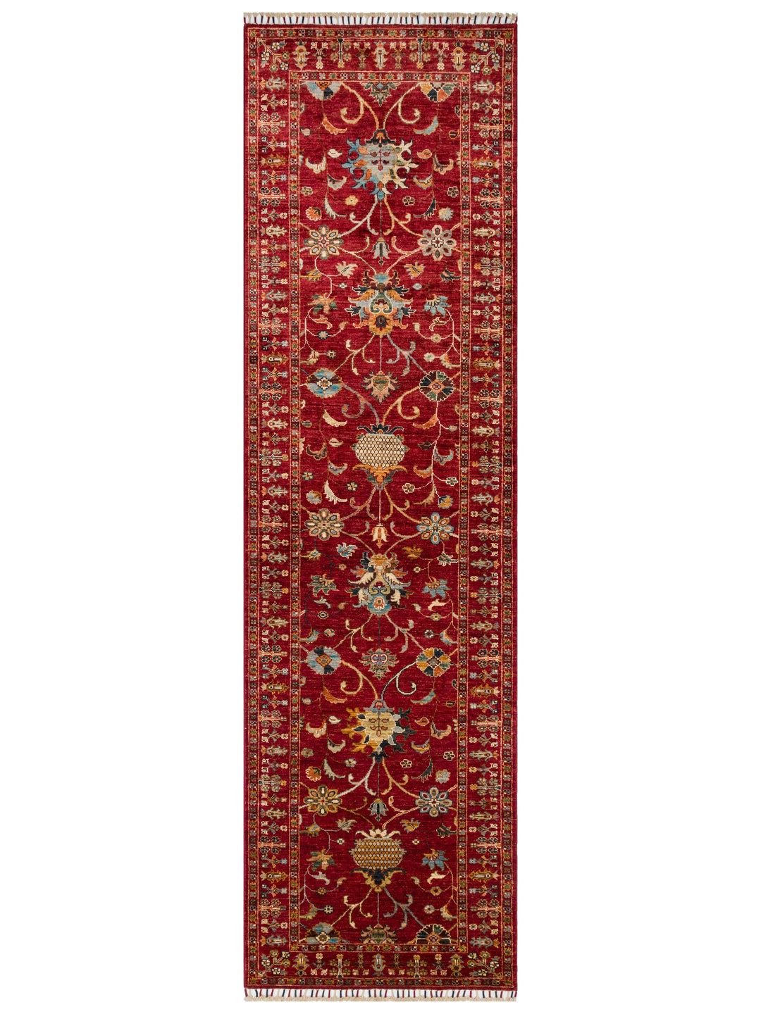 El dokuma Afgan halı kırmızı vazolu ağaç-ı hayat deseni kuşbakışı 85x291 cm