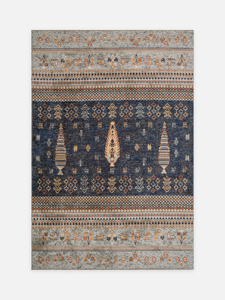 Ruggadocia Gabbe İndigo Tribal Desenli Halı kuşbakışı