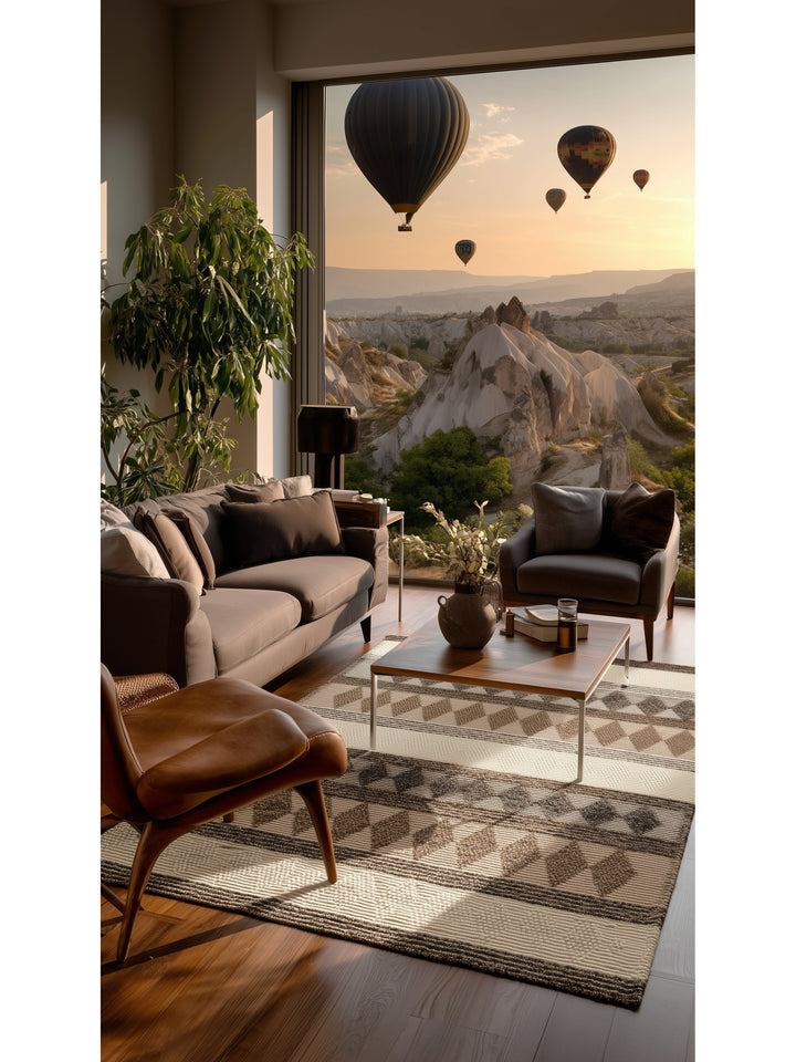 Woolstar %100 Naturel Kazak Desenli Salon Oturma Odası Koridor Antre El Dokuma Örgü Halı JD 01 GREY - Carpetdocia